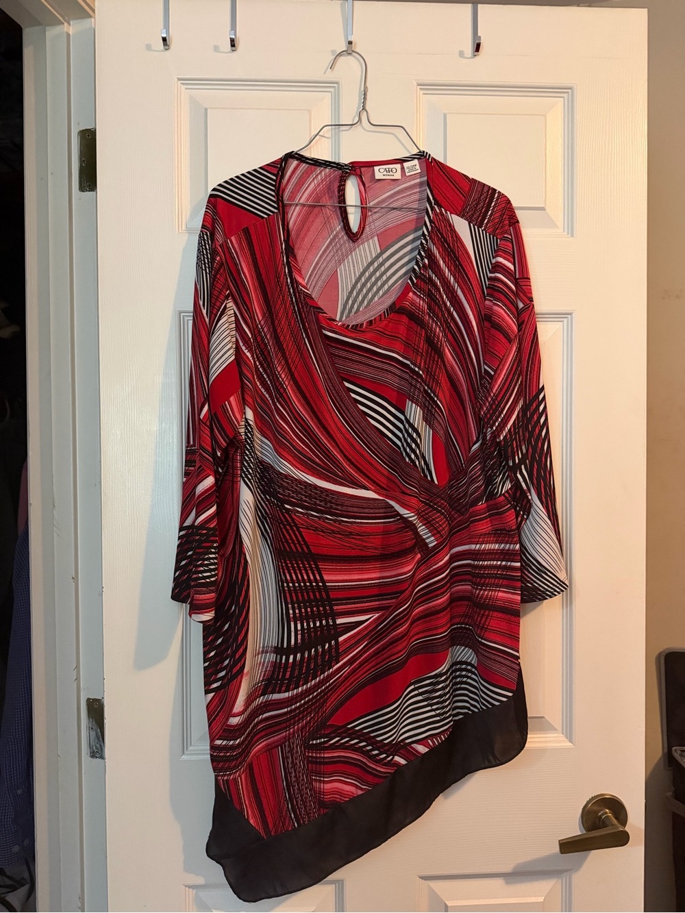 Cato Red and Black Asymmetrical Swirl Print Blouse